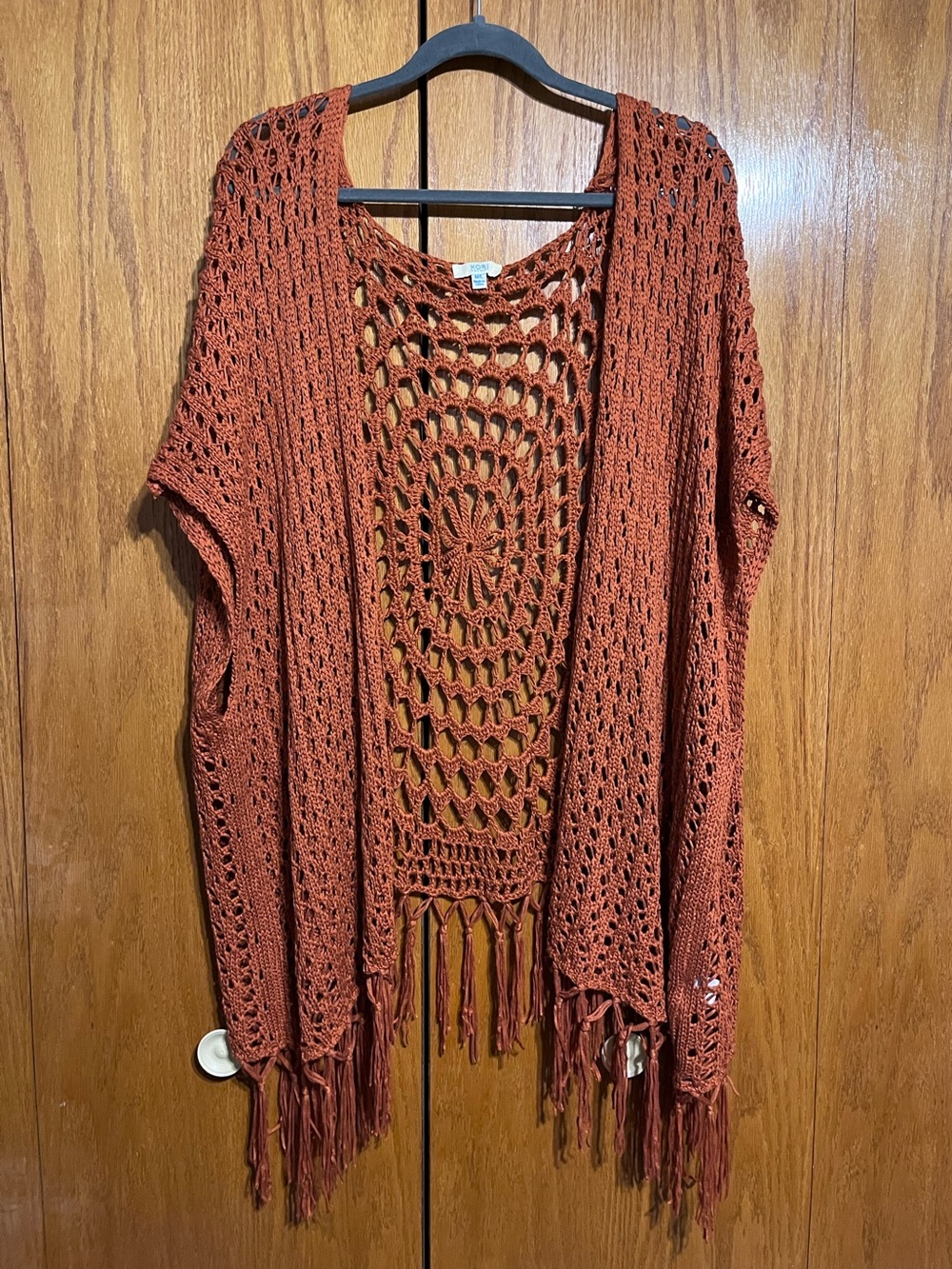 Kori Open-Knit Fringe Poncho in Rust